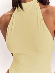 SHEIN BAE Women's Solid Color Halter Neck Backless Fitted Versatile Daily Outing Bodysuit - Yellow - View 8