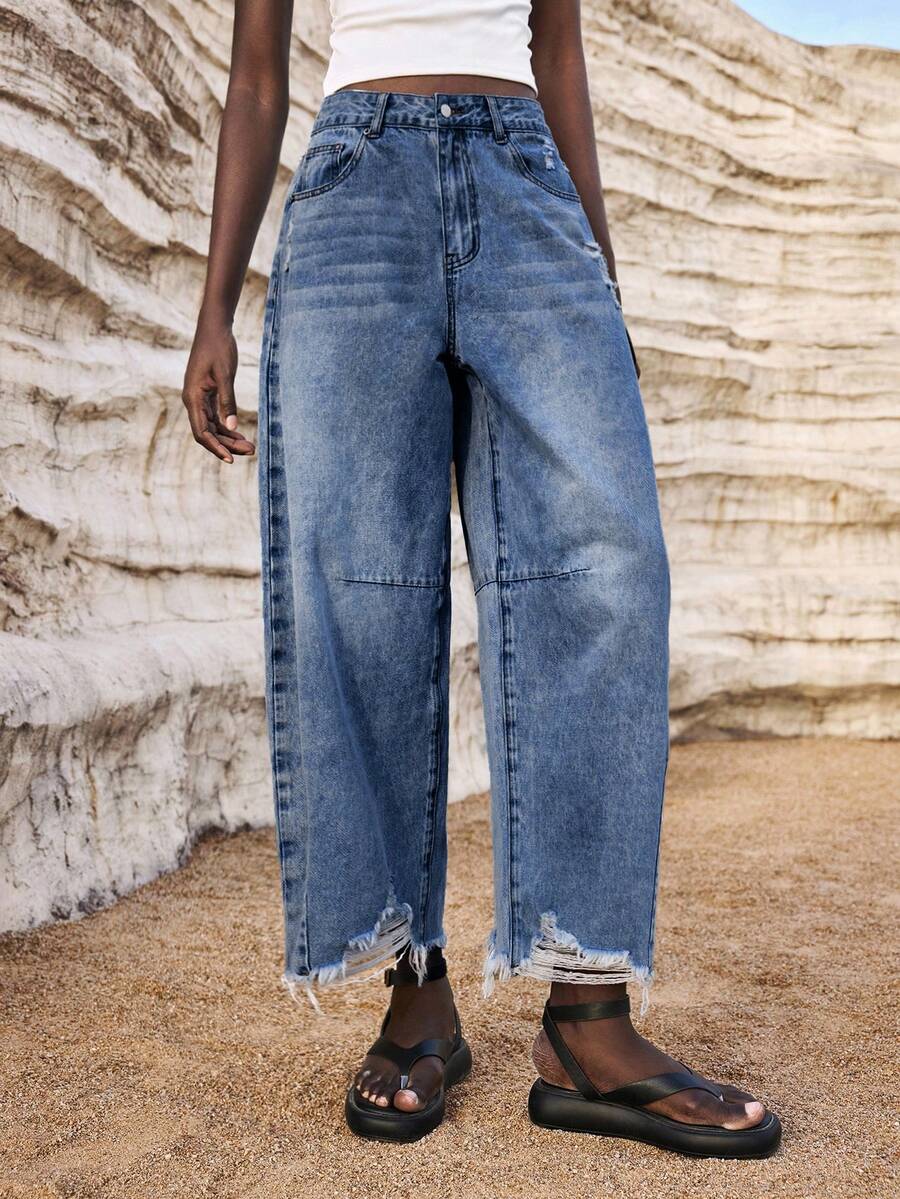 Maija Women's Loose Casual Frayed Hem Tapered Jeans With Side Pockets - Dark Wash - View 1