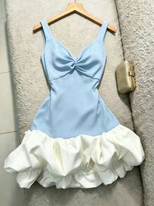 SHEIN Franclia Blue And White Spaghetti Strap Ruched Dress, Patchwork, Bubble Hem, Slim Fit Short Style. Y2K Elegant Summer Sleeveless V-Neck, Party Date Wedding - Baby Blue - View 4