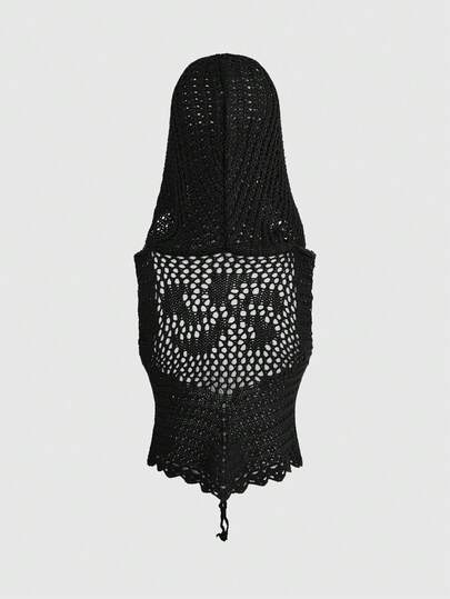 Women's Knitted Top Spring/Summer Black Goth Beaded Metal Decor Lace-Up Drawstring Hooded Forbidden Arts