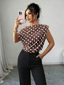 SHEIN Elenzya 圓點不對稱肩無袖女款上衣，優雅通勤襯衫 - 棕色 - 查看 1