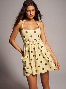 VARSIVA Brown And Yellow Polka Dot Print, Women's Camisole Romper Vacation Summer Casual Cute, Summer Jumpsuit, Beach Brunch Vacation Outfits - Multicolor - View 4