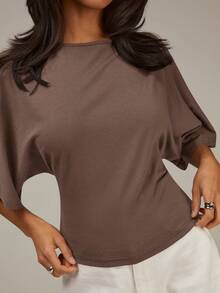 Athîral Women's Solid Color Pleated Casual Versatile Daily Travel T-Shirt - Coffee Brown - View 5