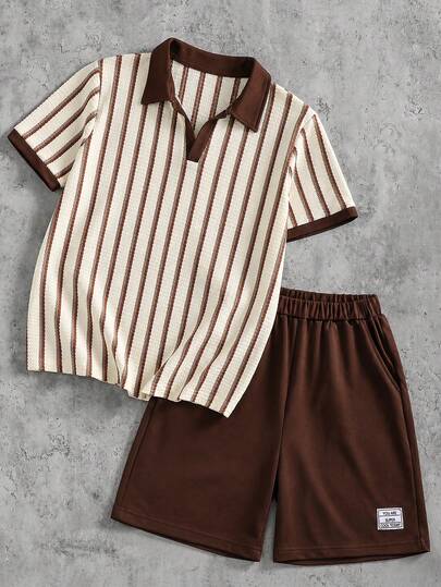 2 piezas Conjunto casual premium para hombres y adolescentes con polo de cuello redondo de punto jacquard con textura 3D y shorts holgados de punto, tela cómoda, adecuado para primavera, verano y otoño, versátil para múltiples ocasiones