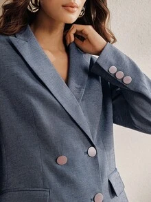 Anewsta Women's New Urban Chic Solid Color Professional Commute Versatile Lapel Long Sleeve Blazer+High Waist Drape Straight Leg Pants Suit Set - Blue - View 5
