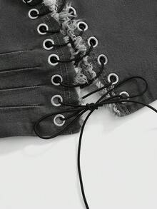 ROMWE Grunge Punk Summer Punk Music Festival Eyelet Lace-Up Halter Neck Fitted Denim Top - Grey - View 3