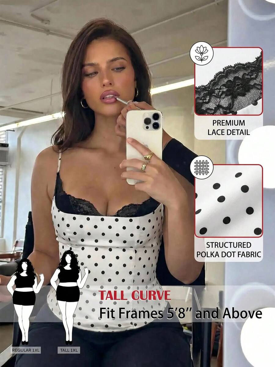SHEIN Tall CURVE 大码女士复古优雅波点撞色蕾丝修身吊带背心，适合夏季度假
