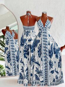 Flirla Plus Size Plant Print Halter Neck Dress, Summer Holiday Style - Blue - View 1