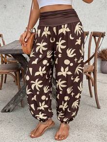 SHEIN VCAY 大尺碼女款印花拼接彈性下擺時尚長褲 - 彩色 - 查看 6
