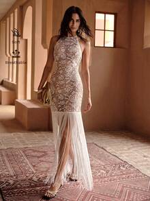 MOTF PREMIUM EXQUISITE ELEGANT WATER-SOLUBLE LACE PATCHWORK TASSEL BACKLESS SEMI-SHEER CASUAL VACATION WOMEN'S BEACH PARTY COVER UP DRESS - White - View 1