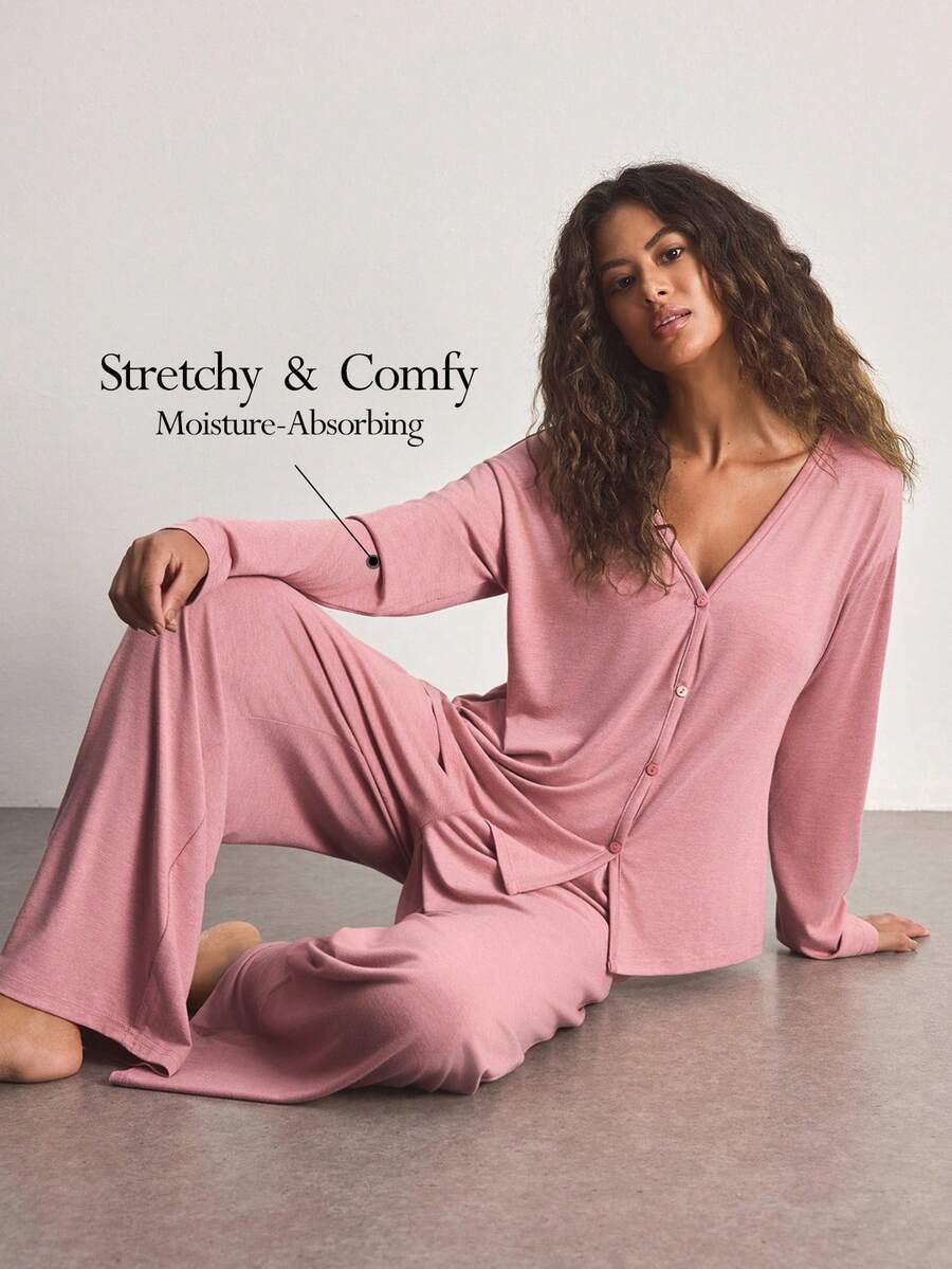 Ocili Minimalist Casual Comfortable Collarless Soft Pajama Set For Women Lounge Dusty Pink Autumn - Dusty Pink - View 1