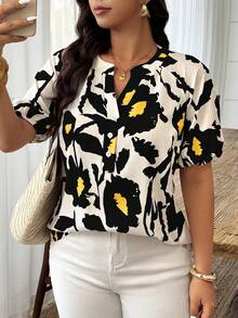 Weeklong Plus Size Women's Spring/Summer Notched Neck Elastic Cuff Botanical Print Casual Vacation Shirt - Multicolor - View 3