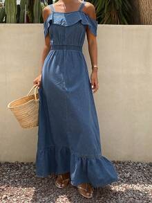 DAZY Ruffled Off-Shoulder Tie-Waist Denim Dress For Women Vacation - Blue - View 6