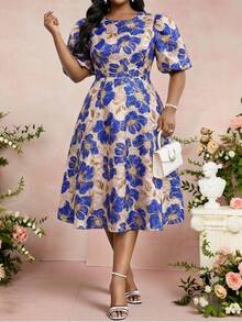 Fleurora Plus Size Elegant Blue Floral Jacquard Dress For Women,Beige Summer Wedding Guest Party Brocade Petal Puff Sleeve French Style Tea Dress - Multicolor - View 3