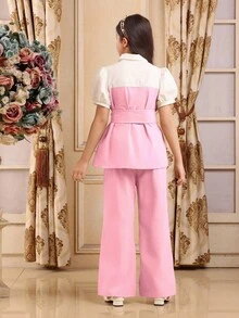 Conjunto de 2 piezas de camisa y pantalones de color block elegante para niñas preadolescentes, verano - Rosa - Ver 3