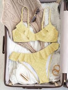 Swim Mod Women's Summer Beach Vacation Yellow Ruffled Bikini Set Cute - Light Yellow - View 3