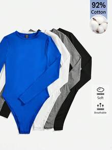 SHEIN BASICS 女款休閒百搭素色長袖連身衣 - 白色 - 查看 8
