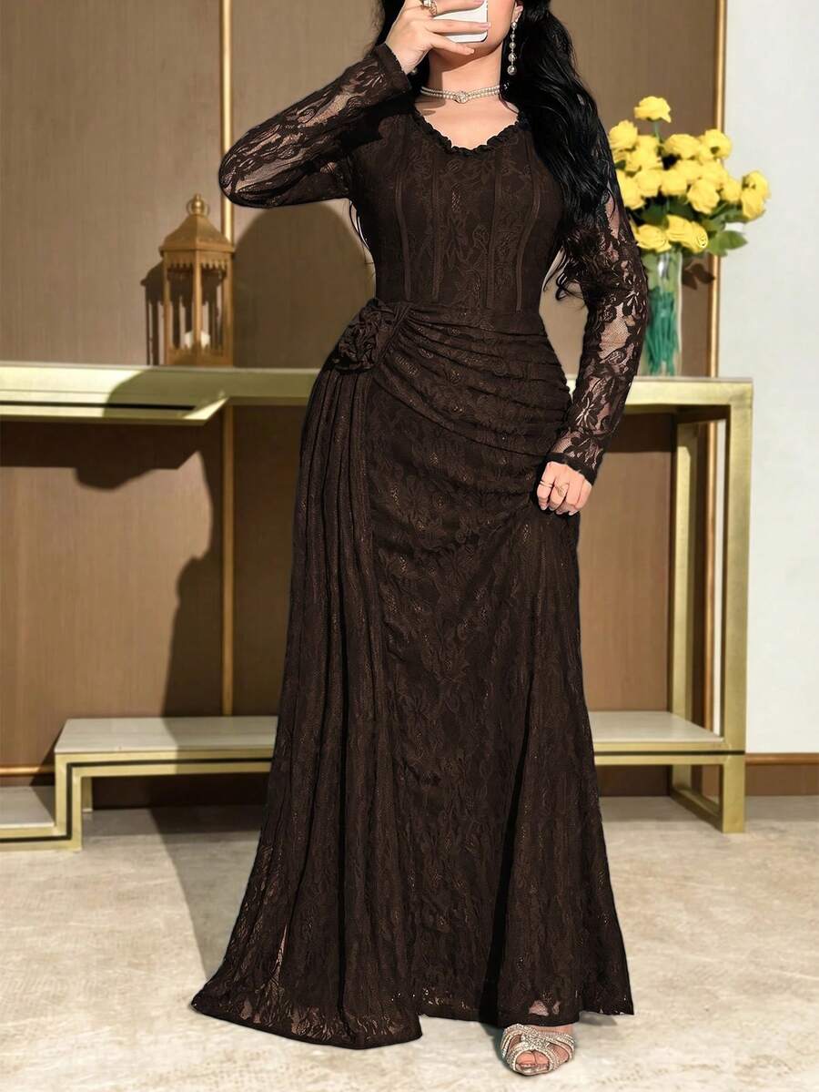 Modelyn 大尺碼女款V領長袖百褶優雅蕾絲洋裝 - 咖啡棕 - 查看 1