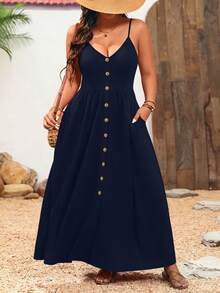 Breezaya Plus Size Women Solid Color Pleated Casual Party Dress With Spaghetti Straps - Navy Blue - View 6