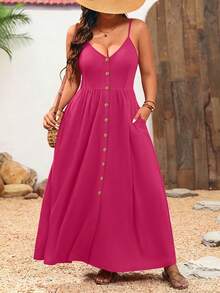 Breezaya Plus Size Women's Solid Color Button Design Pocket Casual Strap Dress For Vacation - Hot Pink - View 6