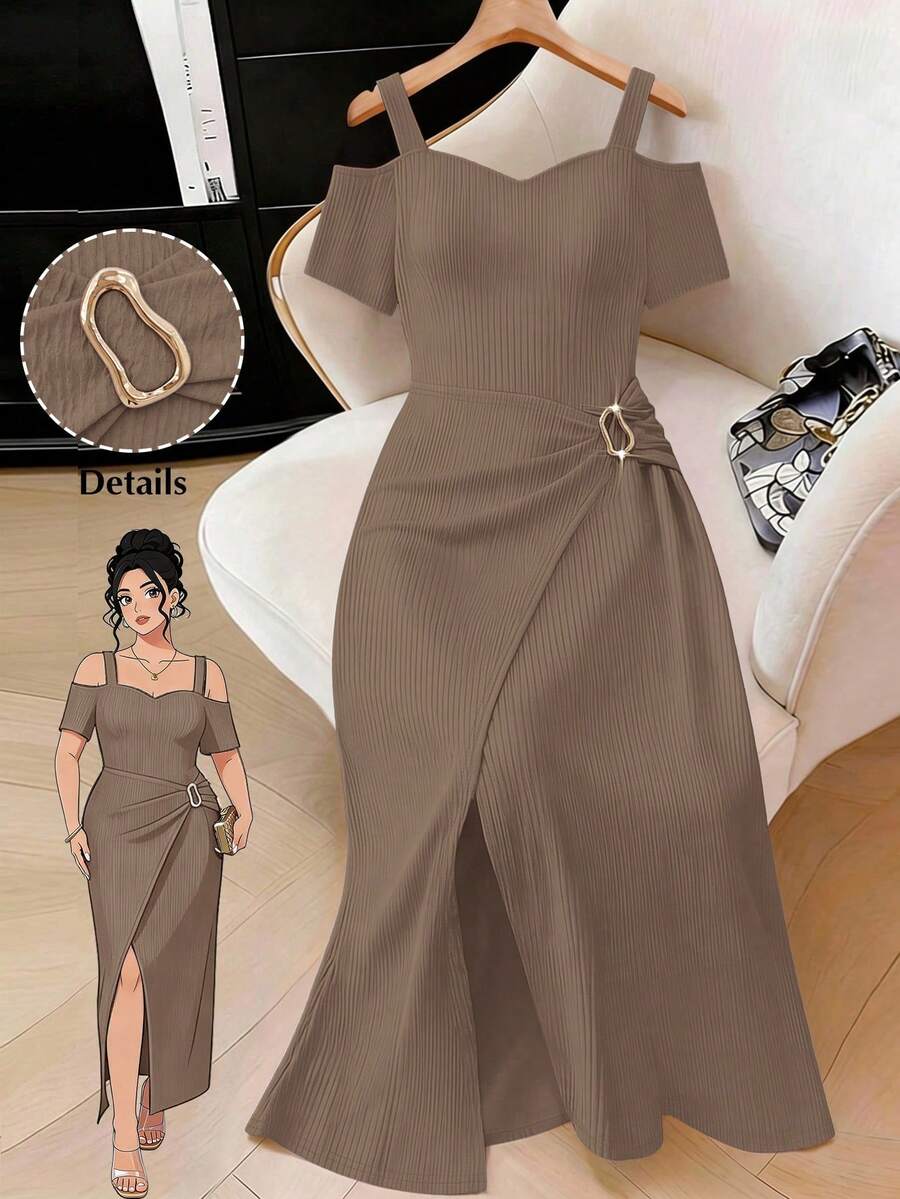 Elenzga Vestido de talla grande para mujer con hombros descubiertos, diseño acanalado y abertura superpuesta - Caqui - Ver 1