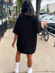 EMERY ROSE Plus Size Women's Solid Color Round Neck Loose Casual Dress - Black - View 4