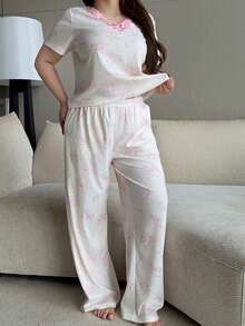 Dazy Plus Conjunto de pijama de mujer talla grande con patchwork de encaje de color contrastante y estampado floral pequeño para primavera/verano - Rosa - Ver 5