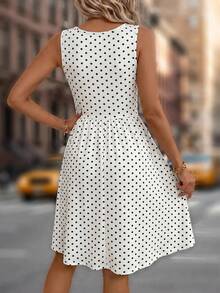 Editum Women's Polka Dot Pleated Casual Cute Party Date Dress White With Black Polka Dots Summer - White - View 2