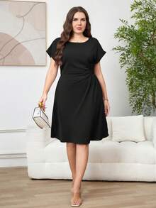 Reflora Plus Size Women's Summer Dress, Elegant Waist-Cinched Ruched Casual Outing Short Sleeve Cool Teachers' Day Office Black - Black - View 5