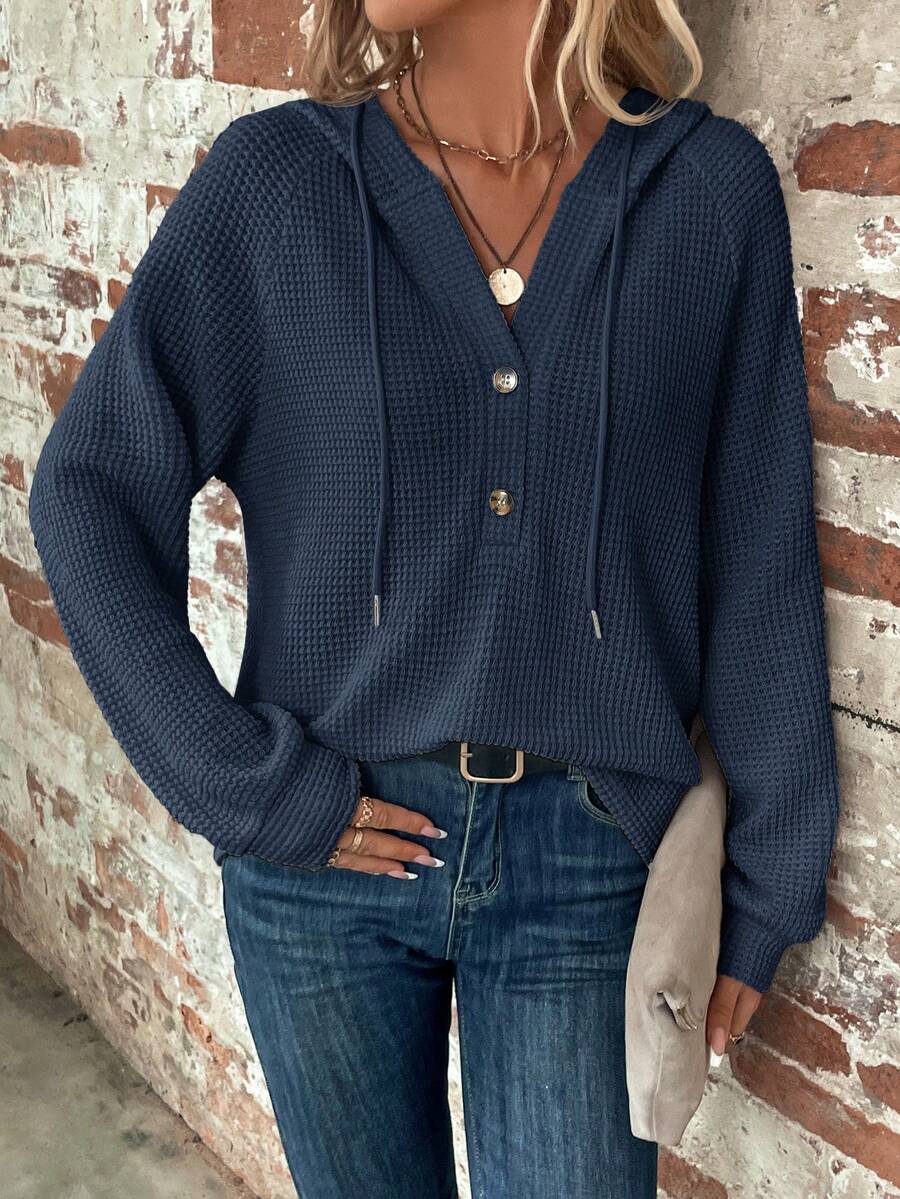 SHEIN Clasi Plus Size Women Solid Color Raglan Long Sleeve Button Half-Placket Casual Drawstring Sweatshirt Fall - Navy Blue - View 1
