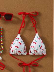 Swim Mod Women's 36SS Spring/Summer New Cherry Print V-Neck Backless Triangle Bikini Set With Bow Tie Decor, 3-Piece Swimsuit For Beach & Holiday Summer Festival Outfits For Women Party Outfit,Beach Outfits Cherry Print Bikini Bathing Suits For Women 3 Piece Bikini Sets For Women Women's Beach Outfits Holiday Outfits For Women Bikini 3 Piece Swimsuit Halter Bikini Top Swim Shorts Women Vacation Aesthetic Bikinis Set For Women - White - View 7