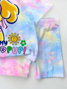 SHEIN | PAW Patrol 女童小女孩圓領字母卡通印花短袖T恤與短褲休閒日常套裝 - 彩色 - 查看 4