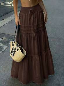 SuriyaCove Women's Solid Color Drawstring Waist Pleated Casual Versatile Daily Outing Skirt - Brown - View 3