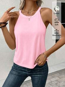 SHEIN LUNE 95%棉女款休閒修身掛脖背心，適合夏季 - 粉色 - 查看 6