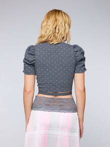 COUREZ Puff Sleeve Polka Wrap Cardigan Top Y2K French Cute Matching Summer Outfits For Women Casual Autumn Going Out Everyday Date Rave Blue Polka Dot - Grey - View 3