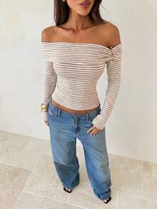 Aloruh Apricot Striped Knit Long Sleeve Fitted T-Shirt Top With Off-Shoulder - Apricot - View 10