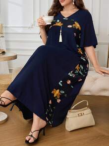 Al Najma Plus Size Women's V-Neck Ruffle Short Sleeve, Mesh Embroidery Patchwork Front Tassel Loose Turkish Dress - Navy Blue - View 8