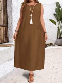 EMERY ROSE Vestido minimalista de talla grande sin mangas con bolsillos y botones de unicolor - Marrón Mocha - Ver 3