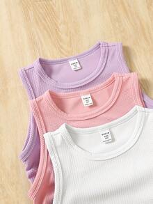 SHEIN 青少年女孩針織純色修身休閒短版背心上衣 3件組 返校季 紫色 粉色 白色 夏季 - 彩色 - 查看 3