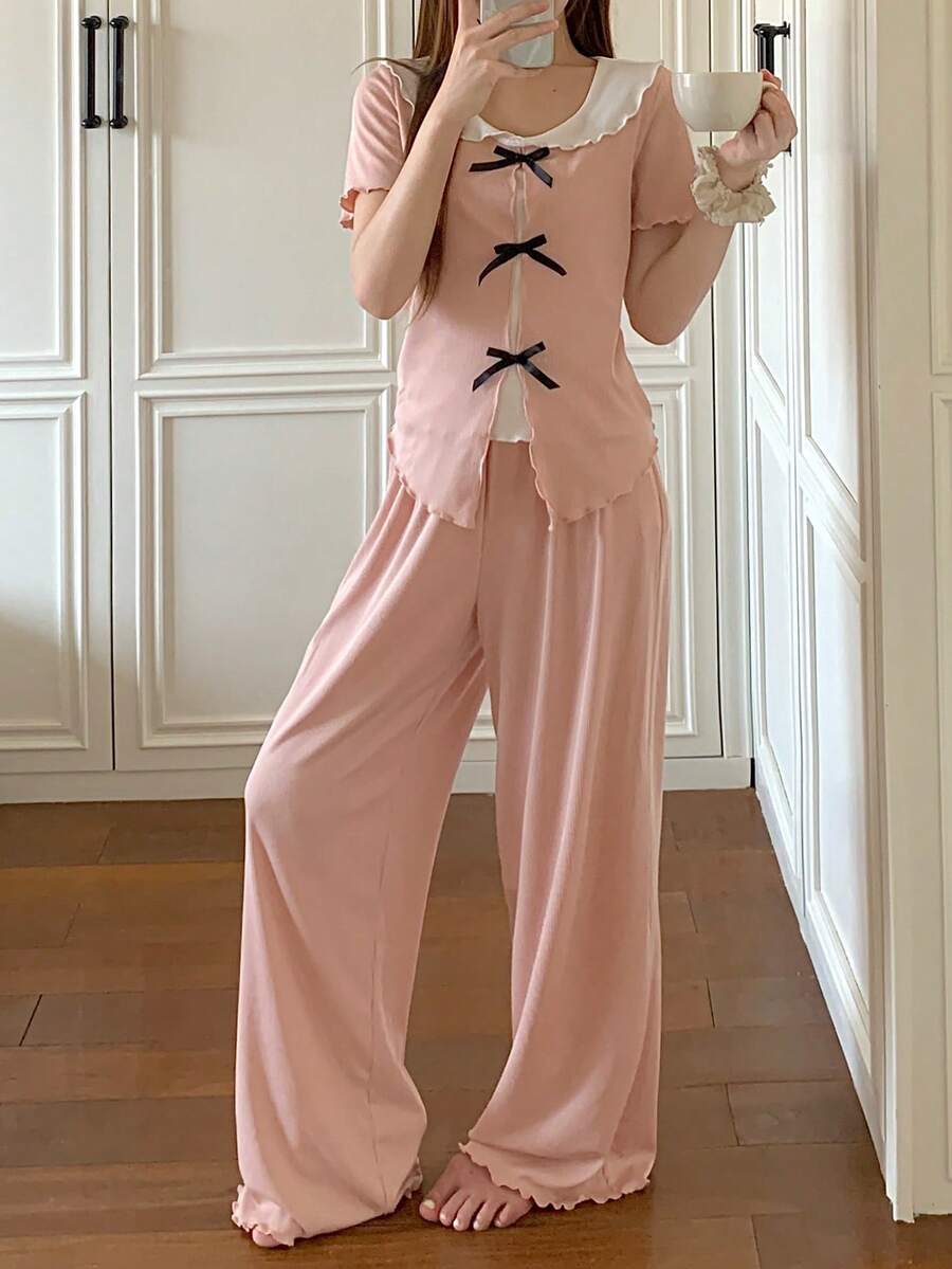 DAZY Women's Bow Decor Short Sleeve Top And Pants Pajama Set - Pink - View 1