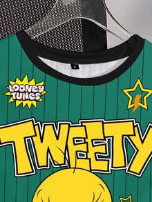 LOONEY TUNES X SHEIN 女式休闲卡通字母条纹印花撞色领口短袖 T 恤，夏季 - 白色 - 查看 5