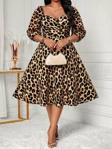 SHEIN Lady Plus Size Women's Leopard Print Fashion Date Evening Wedding Guest Holiday Cocktail Party Dress Beige Autumn Elegant Sexy - Multicolor - View 7