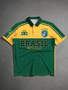 Aesthetic Post 復古美式風格 Polo 衫，綠色夏季休閒高爾夫 Brasil 字樣與五星徽章印花，黃綠對比寬鬆男士圖案 T 恤，足球 - 彩色 - 查看 3