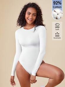 SHEIN BASICS 女款休閒百搭素色長袖連身衣 - 白色 - 查看 7