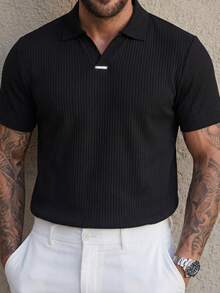 Manfinity CasualCool Custom Textured Jacquard Collar T-Shirt Street Casual Short Sleeve Polo Shirt - Black - View 1