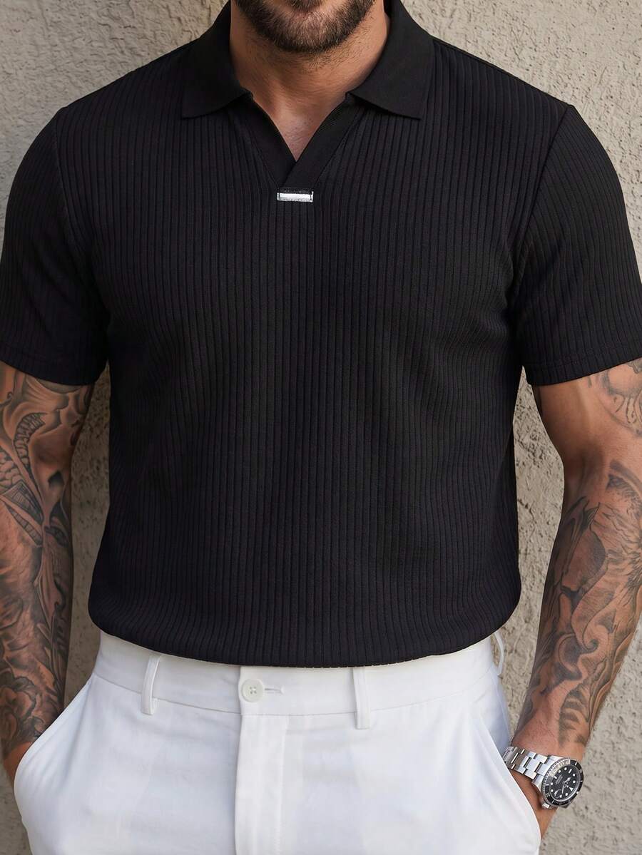 Manfinity CasualCool Custom Textured Jacquard Collar T-Shirt Street Casual Short Sleeve Polo Shirt - Black - View 1