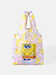 SpongeBob SquarePants | SHEIN 卡通印花可折疊購物袋，輕量防水大容量收納袋，適用於超市採購、短途旅行、日常通勤 - 珊瑚 - 查看 2