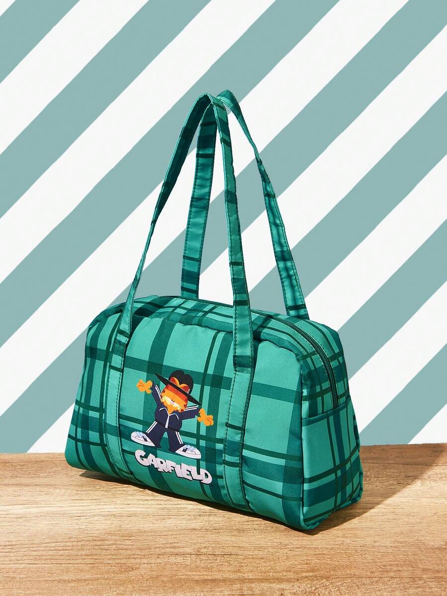 GARFIELD | SHEIN A Green Plaid Cartoon-Patterned Shoulder Bag For Students, Commuters, And Travel Storage - Green - View 1