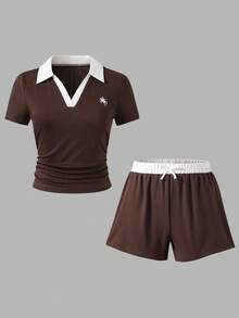 SHEIN Teen Girl Knight Embroidery Pattern Colorblock Short Sleeve T-Shirt And Shorts Casual Daily Set - Burgundy - View 6