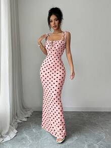 SHEIN Raffinéa 女款波點印花前綁帶修身優雅細肩帶洋裝 - 粉色 - 查看 5